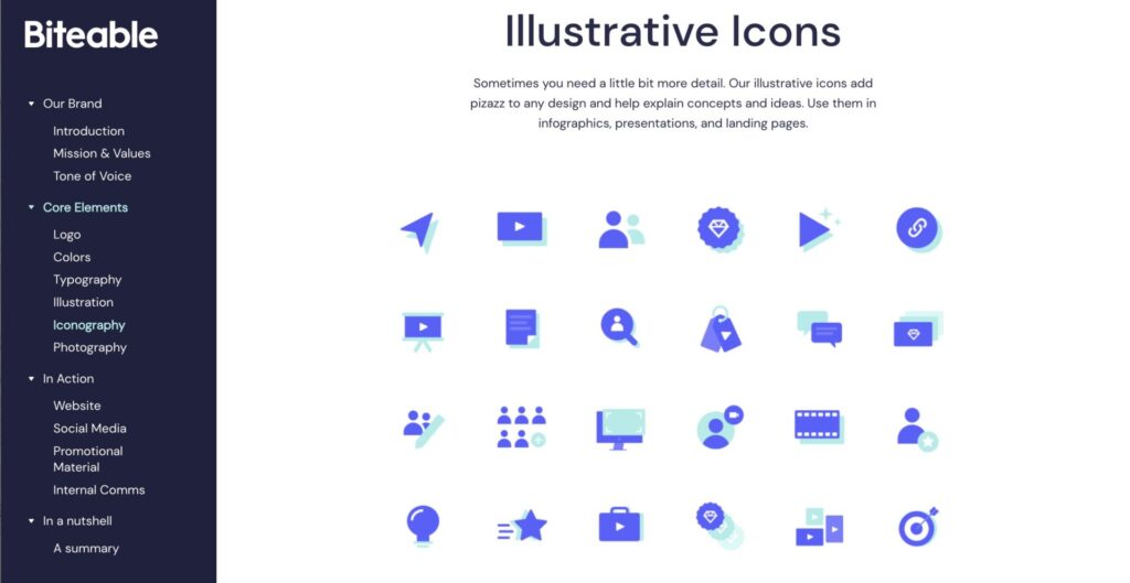 A webpage layout showcasing various blue and white digital icons representing online content elements, with text sections on brand guidelines.